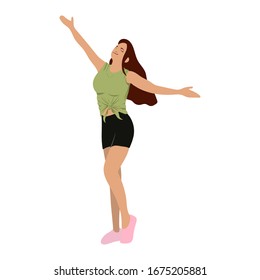 The girl enjoys every day. Happy woman on the nature. Young female student. Blogger, vlogger in public. Leading talk show.The best streamer in the world. Flat Cartoon Vector Illustration.