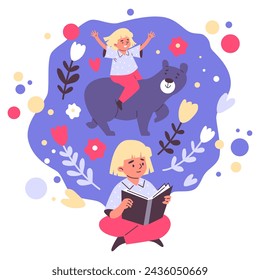 La niña disfruta leyendo un libro de cuentos de hadas e imagina montando un oso entre flores brillantes. Plantilla de diseño de personaje plano y aislado con libro de aventuras. Mundo de fantasía.