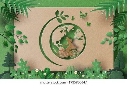 A girl enjoys riding bikes with an earth background, save the planet and energy concept, paper illustration, and 3d paper.