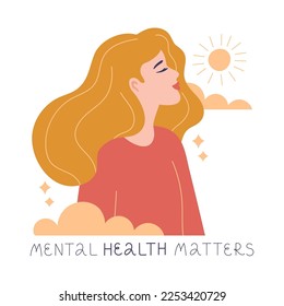 The girl enjoys the sun in the fresh air. Good habit to get out of the room for fresh air. mental health. Vector illustration.