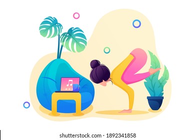 Girl enjoys yoga classes with music. In a pleasant, inviting atmosphere. Flat 2D Web design