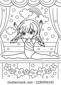 The girl enters the stage. Coloring book with a girl gymnast. Sport. Black and white vector illustration.