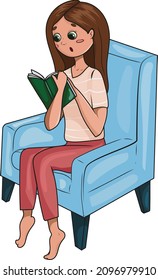 una chica lee con entusiasmo un libro con una cubierta verde sentado en un sillón azul