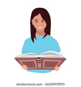 Menina lê com entusiasmo um livro interessante. Estudar e ler ficção. Ilustração vetorial em um fundo branco.