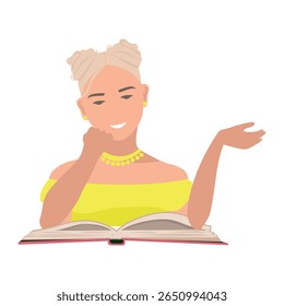 Menina lê com entusiasmo um livro interessante. Estudar e ler ficção. Ilustração vetorial em um fundo branco.