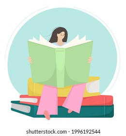 Girl enthusiastically reads a large book, sitting on a huge pile of books. Abstract young girl in flat style. Hyperbolized proportions. Isolated on white background.