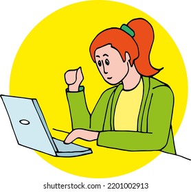 The girl is enthusiastically working on a laptop. Vector illustration. Office work, manager