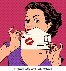 girl with envelope for letter and kiss lipstick pop art 