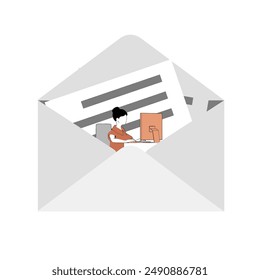 The girl in the envelope sits at the computer and receives e-mail The concept of e-mail and messaging