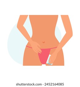 Girl epilating bikini area with wax strip, hair removal in bathroom vector illustration