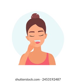 Girl epilating lip area using wax strip, hygiene skincare procedure vector illustration