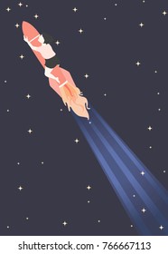 Girl escapes on a rocket in the starry space flat vector illustration