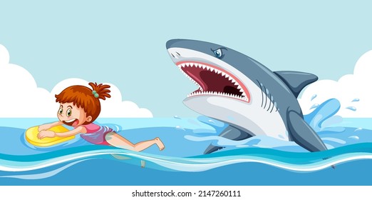 A girl escaping from aggressive shark illustration