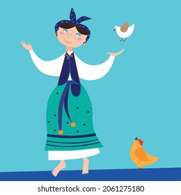 Girl in ethnic costume with a white dove and a chicken. Christmas illustration