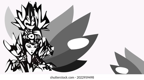 Girl in ethnic dress. Elf in a crown with leaves. Merging with nature. Handmade graphics. Vector.