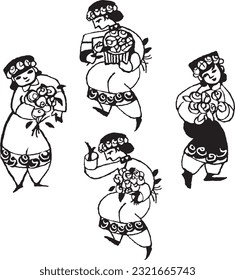 A girl from an ethnic group is dancing at a flower festival. Hand drawn monochrome vector illustration