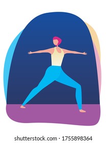 A girl or a European or American character with pink hair does yoga and keeps her balance. Flat vector stock illustration with a woman with pink hair as a concept of activity and sport.