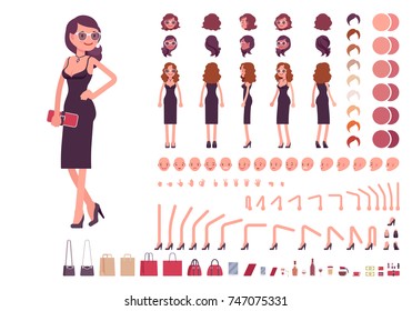 Girl In Evening Dress Character Creation Set. Party Woman In Black Trendy Luxury Gown. Full Length, Different Views, Gestures. Build Your Own Design. Cartoon Flat-style Infographic Illustration