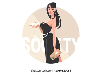 Girl in evening dress vector illustration. Stylish woman wearing black dress holding alcoholic drink flat style. Party and fun event concept. Isolated on white background