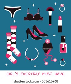 Girl everyday must have vector set: shoes, tango, push up, socks, cosmetics, hat, diamond rings. 