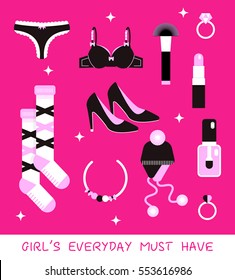 Girl everyday must have vector set: shoes, tango, push up, socks, cosmetics, hat, diamond rings. 