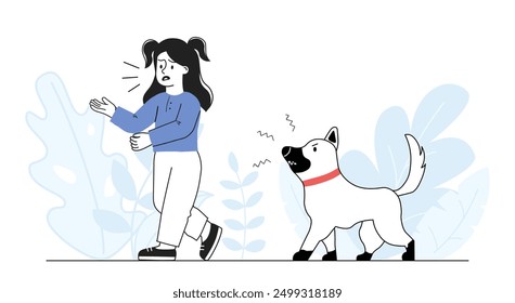 Chica con perro malvado. Niño temeroso de ladrar cachorro. Niño con fobia al aire libre. Miedo y horror. Asustante animal doméstico asusta a colegiala. Ilustración vectorial lineal aislada sobre fondo blanco