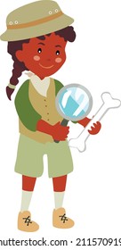 The girl examines the bone through a magnifying glass. Vector illustration