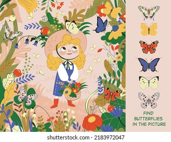 La niña examina las mariposas en la naturaleza. Encuentra seis mariposas en la foto. Rompecabezas de objetos ocultos. Ilustración vectorial.