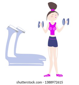 Girl in excellent physical shape, doing exercises with dumbbells, in sport clothes, cartoon character, color image vector