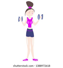 Girl in excellent physical shape, doing exercises with dumbbells, in sport clothes, cartoon character, color image vector