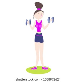 Girl in excellent physical shape, doing exercises with dumbbells, in sport clothes, cartoon character, color image vector