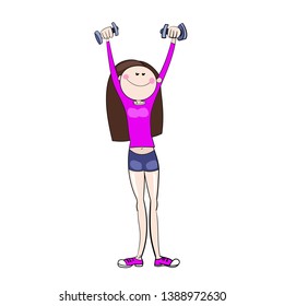 Girl in excellent physical shape, doing exercises with dumbbells, in sport clothes, cartoon character, color image vector