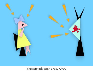 Girl excited about watching news, concept about covid-19 on media, vector illustration in abstract style of paper cut from triangles