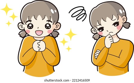 A girl with an excited expression and a troubled expression illustration set