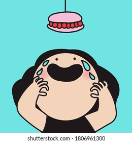 Girl With Excited Face Is Ready To Eat A Treats Hanging On Ceiling Concept Card Character illustration