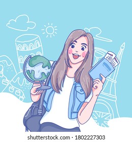 Girl is excited to going to abroad. Cartoon illustration design of vector.