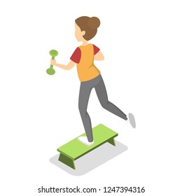 Girl exercise with dumbbell on the step. Fitness and helathy lifestyle. Workout in the gym. Vector isometric illustration isolated