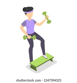 Girl exercise with dumbbell on the step. Fitness and helathy lifestyle. Workout in the gym. Vector isometric illustration isolated