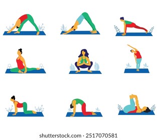 Ilustración vectorial de ejercicio de la muchacha y conjunto de iconos.