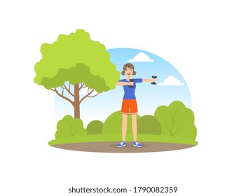 Girl Exercising with Dumbbells in the Park, Young Woman Doing Physical Activity Outdoors Vector Illustration