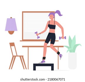 Girl Exercising At Home With Dumbbells. Fitness Training Program Vector Illustration