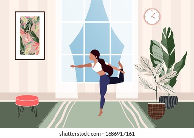 Girl exercising at home. Female doing yoga. Modern illustration of a woman doing yoga in the living room. Beautiful contemporary interior design. Cozy living and self isolation concept. Quarantine.