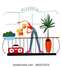 Girl exercising at home on balcony. Happy young woman does physical exercise in house with music player. Relaxing hobby vector illustration. City modern apartment view from street.