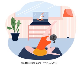 Girl exercising at home and watching online tutorials on laptop. Modern illustration of a woman doing yoga in the living room. Quarantine