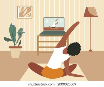 Girl exercising at home and watching online tutorials on laptop. Modern illustration of a woman doing yoga in the living room. Pilates online class, course, quarantine. Illustration for web platform