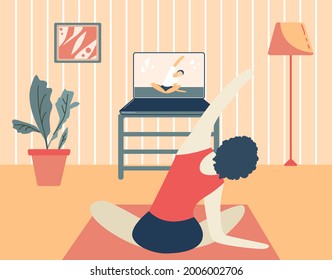 Girl exercising at home and watching online tutorials on laptop. Modern illustration of a woman doing yoga in the living room. Pilates online class, course, quarantine. Illustration for web platform