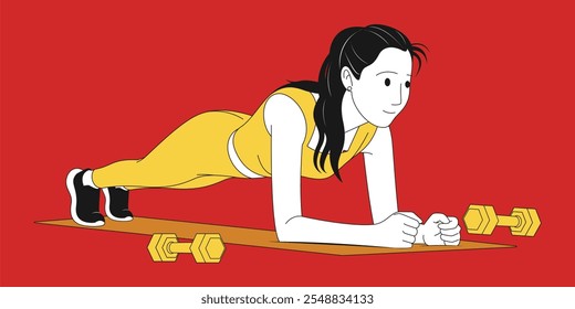 A Girl is Exercising, Performing the Plank Movement -  Minimalist Vector Illustration
