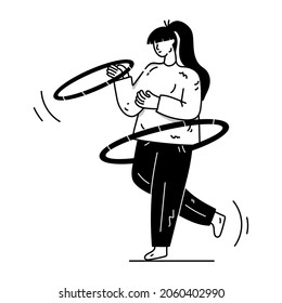 Girl exercising with rings, hand drawn illustration of hula hoop 