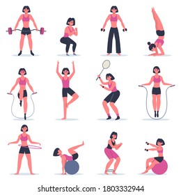 Girl Exercising. Young Woman Fitness Exercising, Squats, Practice Yoga And Tennis, Girl At Sport Gym Or Training At Home Vector Illustration Set. Exercise Fitness Young People Girls Collection