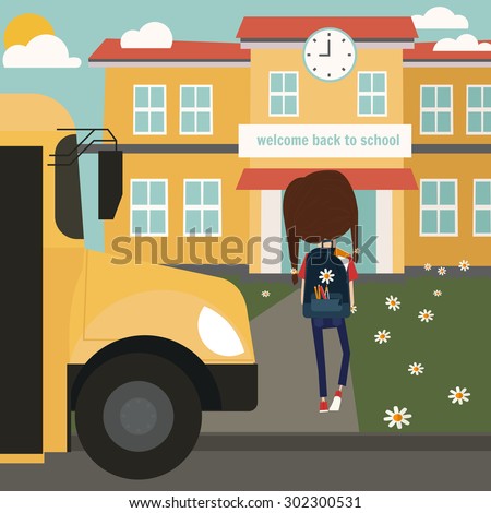 Girl exiting School bus and going to school